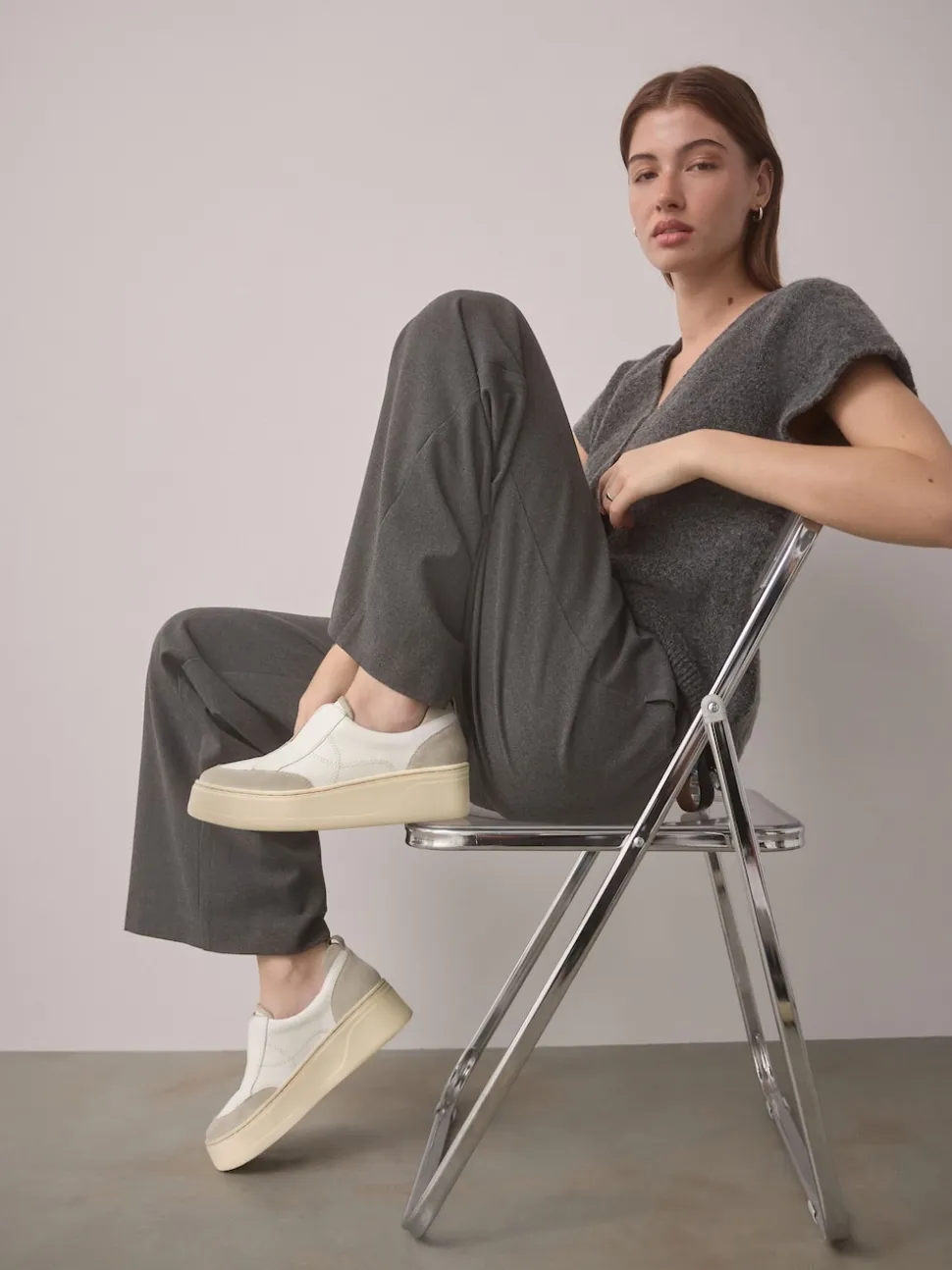 White Slip On Signature Leather Chunky Wedge Platform Trainers