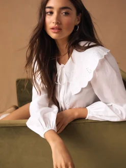 White Statement Collar Broderie Long Sleeve Blouse