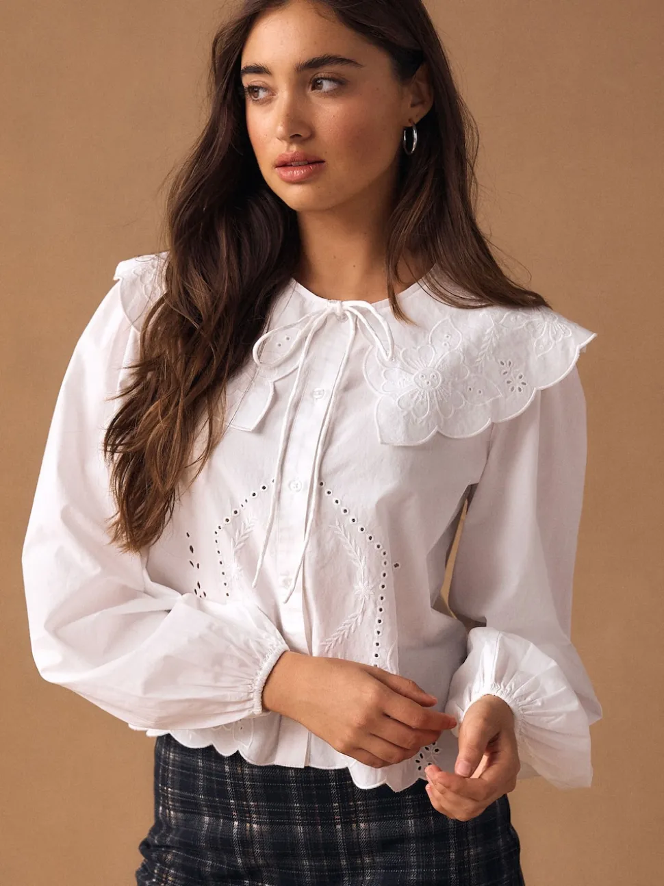 White Statement Collar Broderie Long Sleeve Blouse