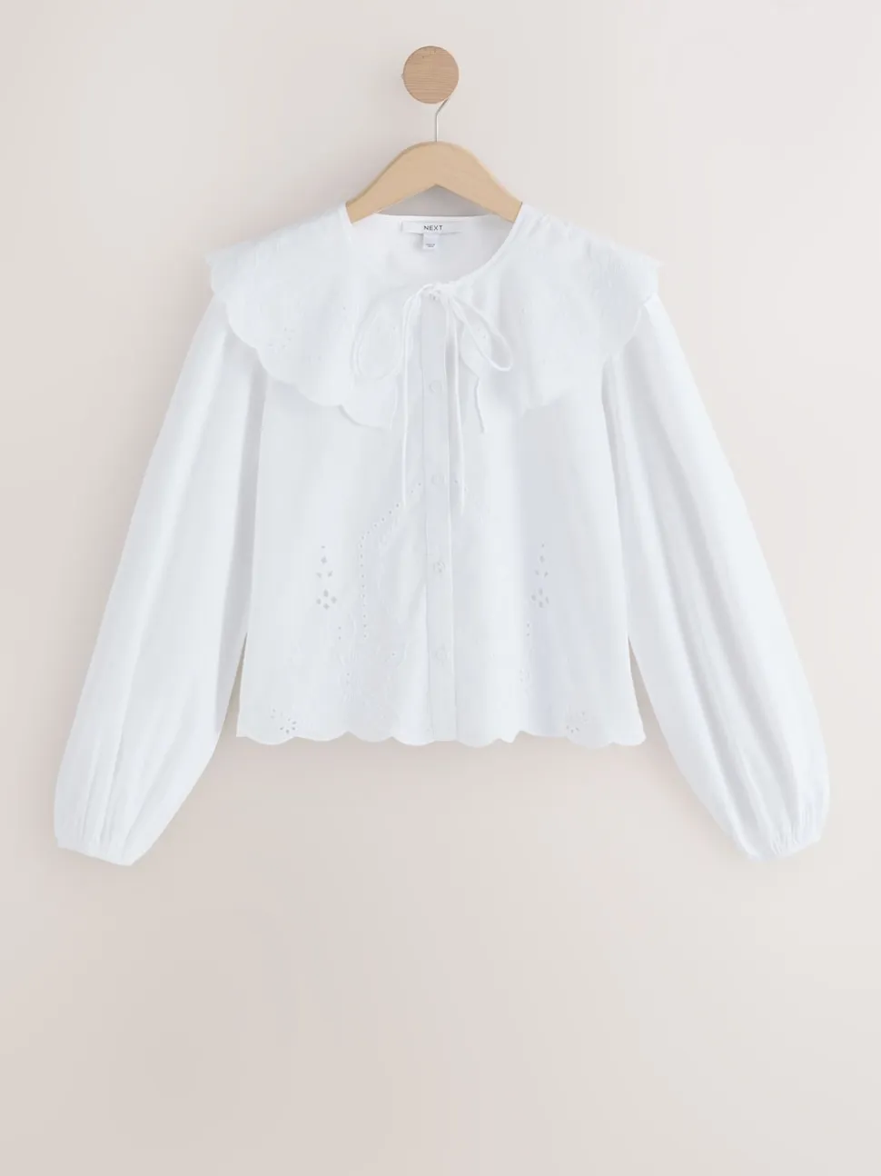 White Statement Collar Broderie Long Sleeve Blouse