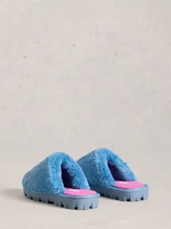 White Stuff Blue Faux Fur Mule Slippers