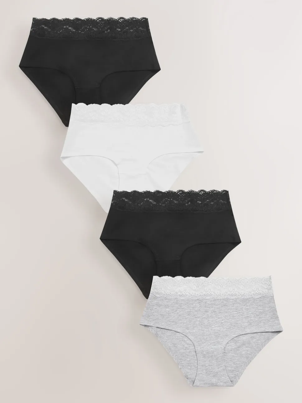 White/Black/Grey Midi Cotton Lace Knickers 4 Pack