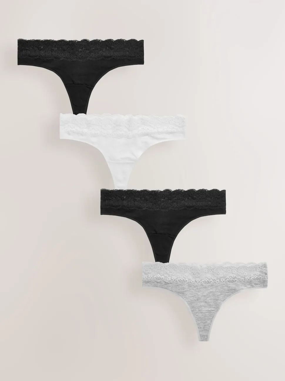 White/Black/Grey Thong Cotton Lace Knickers 4 Pack