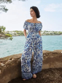 White/Blue Floral Print Off the Shoulder Jumpsuit