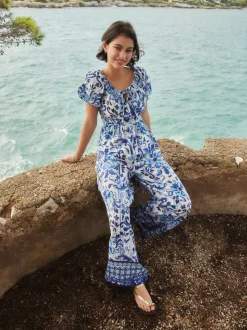 White/Blue Floral Print Off the Shoulder Jumpsuit