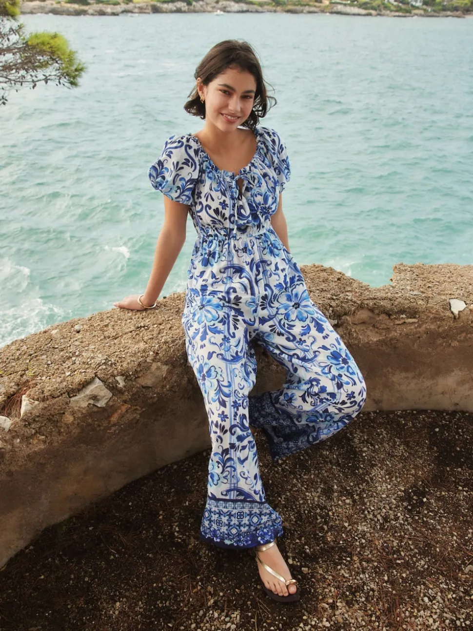 White/Blue Floral Print Off the Shoulder Jumpsuit