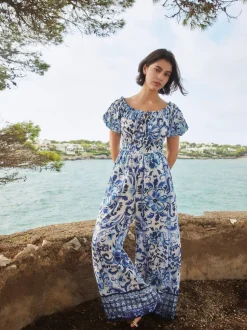 White/Blue Floral Print Off the Shoulder Jumpsuit