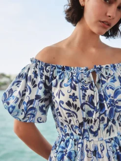 White/Blue Floral Print Off the Shoulder Jumpsuit