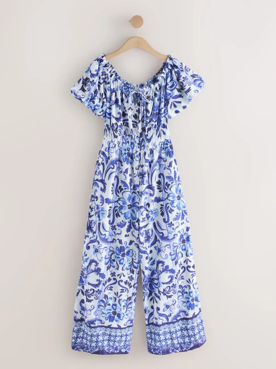 White/Blue Floral Print Off the Shoulder Jumpsuit