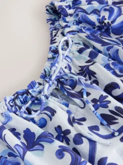 White/Blue Floral Print Off the Shoulder Jumpsuit
