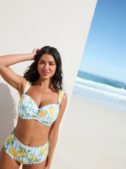 White/Blue Pique Stripe Lemon Print Wired Bandeau Bikini Top