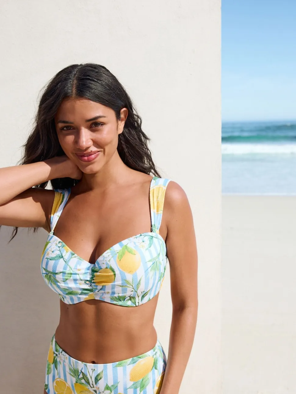 White/Blue Pique Stripe Lemon Print Wired Bandeau Bikini Top