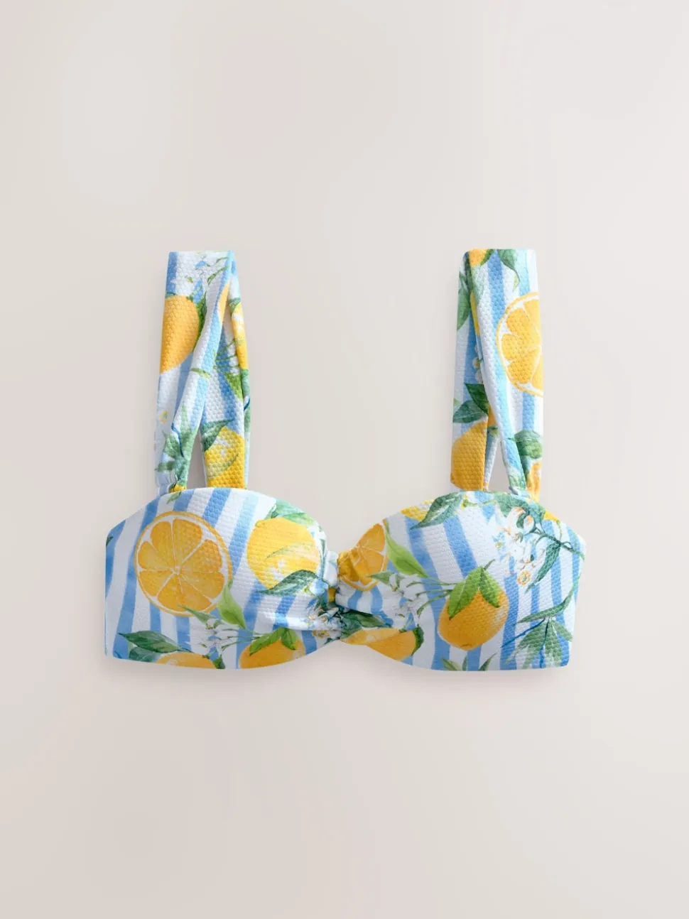 White/Blue Pique Stripe Lemon Print Wired Bandeau Bikini Top