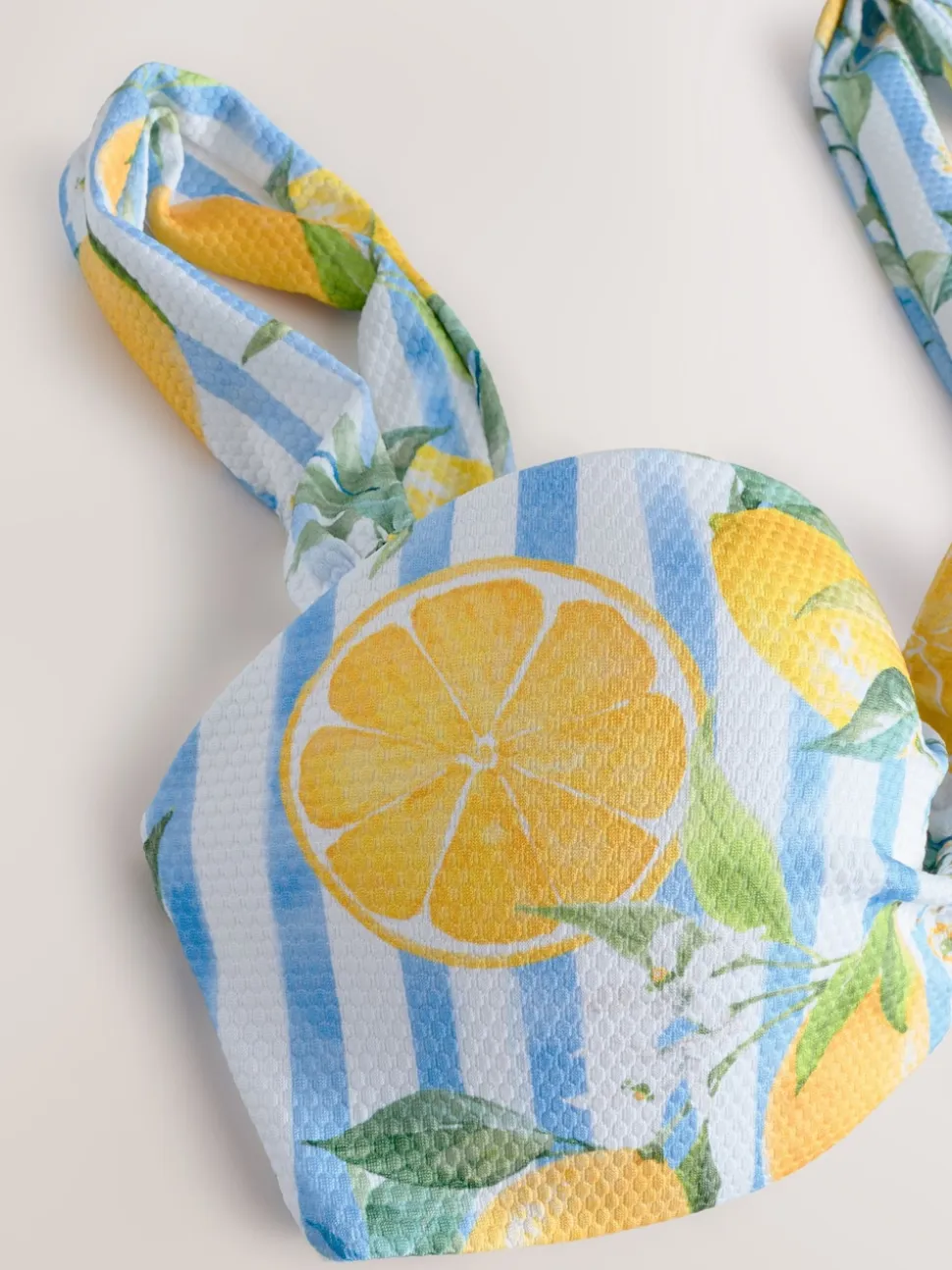 White/Blue Pique Stripe Lemon Print Wired Bandeau Bikini Top