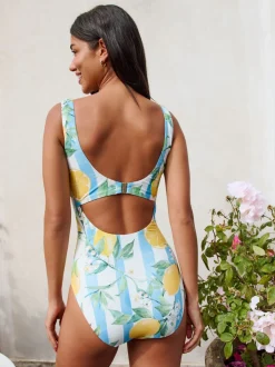 White/Blue Stripe Lemon Print Dd+ Wired Scoop Neck Tummy Control Swimsuit