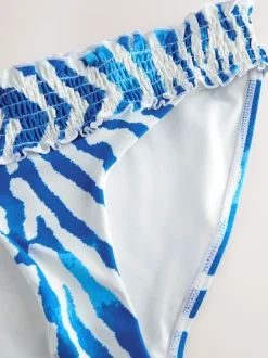 White/Blue Zebra Shirred High Leg Bikini Bottoms