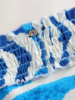 White/Blue Zebra Shirred High Leg Bikini Bottoms
