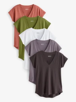 White/Grey/Khaki/Rust/Brown V-Neck Cap Sleeve 100% Cotton T-Shirts 5 Pack