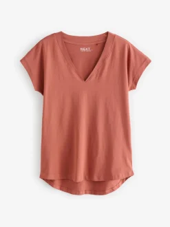 White/Grey/Khaki/Rust/Brown V-Neck Cap Sleeve 100% Cotton T-Shirts 5 Pack