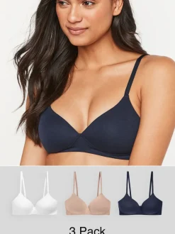 White/Navy Blue/Pink Pad Non Wire Cotton Blend Ultimate Comfort Bras 3 Pack