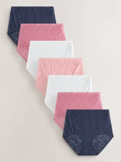 White/Pink/Navy Full Brief Comfort Bonded Lace Knickers 7 Pack