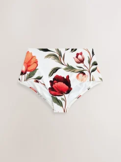 White/Red Floral High Waist Bikini Bottoms