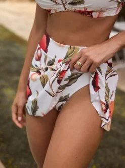 White/Red Floral Swim Skirt Bikini Bottoms