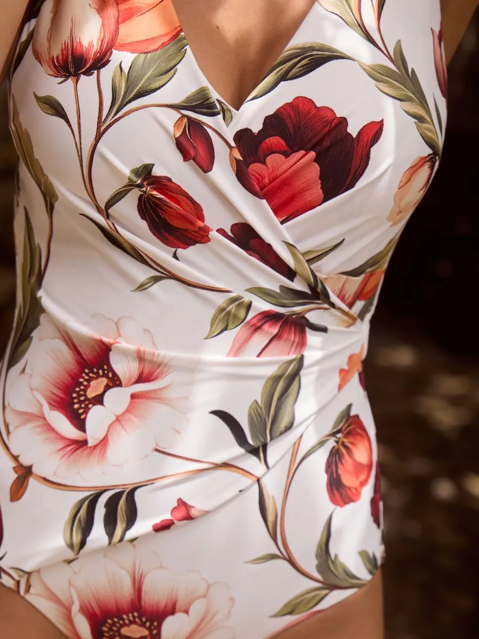 White/Red Floral Wrap Tummy Control Swimsuit