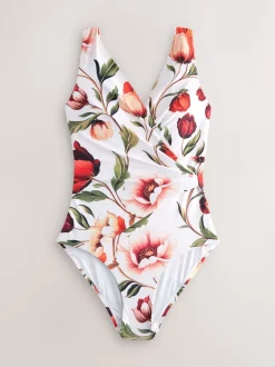 White/Red Floral Wrap Tummy Control Swimsuit