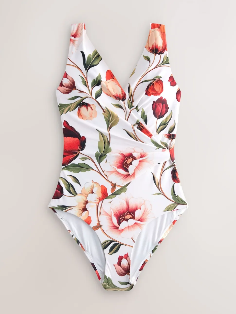 White/Red Floral Wrap Tummy Control Swimsuit