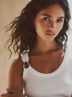 White/Silver Trim Hardware Detail Racer Ribbed Vest Top
