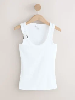 White/Silver Trim Hardware Detail Racer Ribbed Vest Top
