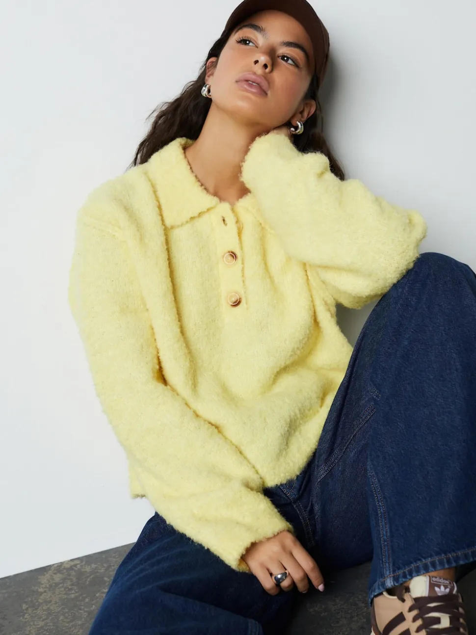 Yellow Boucle Long Sleeve Polo Jumper