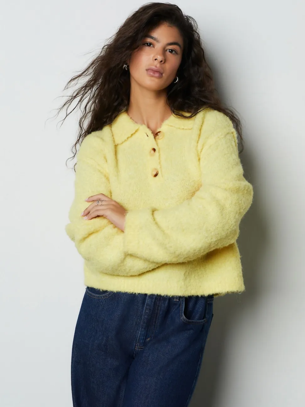 Yellow Boucle Long Sleeve Polo Jumper