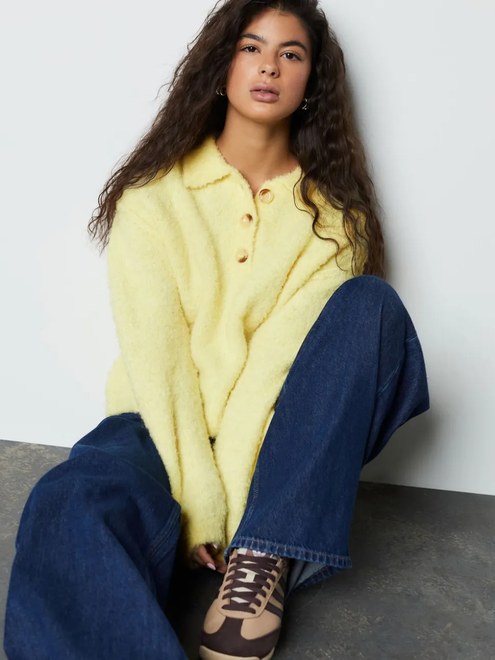 Yellow Boucle Long Sleeve Polo Jumper