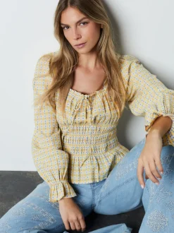 Yellow Gingham Shirred Long Sleeve Milkmaid Top