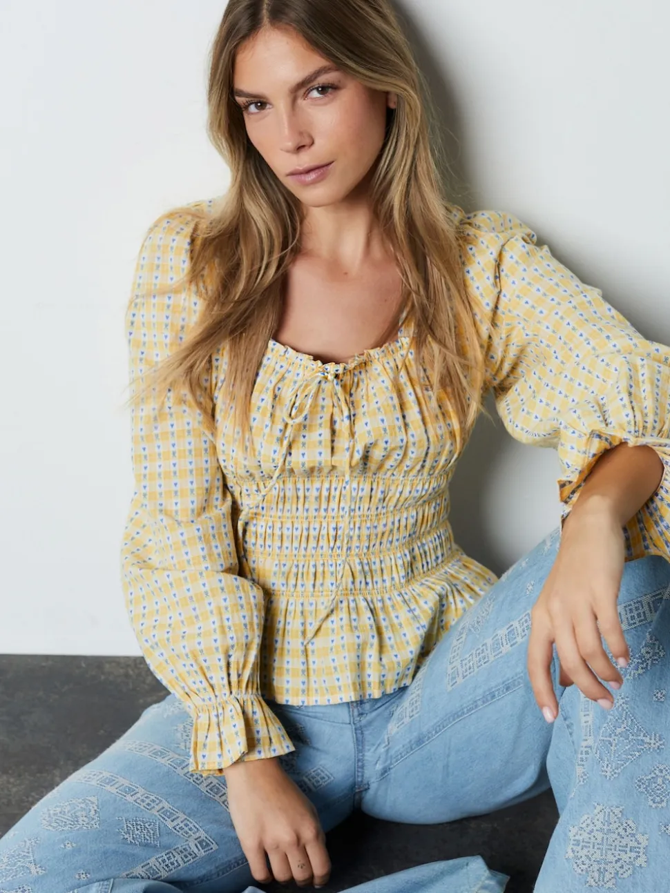 Yellow Gingham Shirred Long Sleeve Milkmaid Top