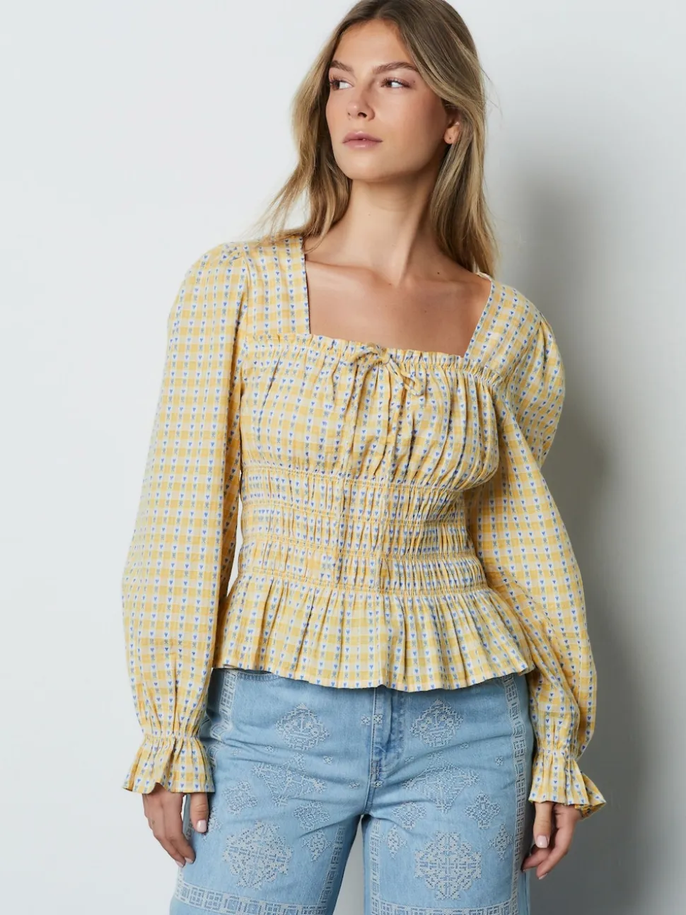 Yellow Gingham Shirred Long Sleeve Milkmaid Top