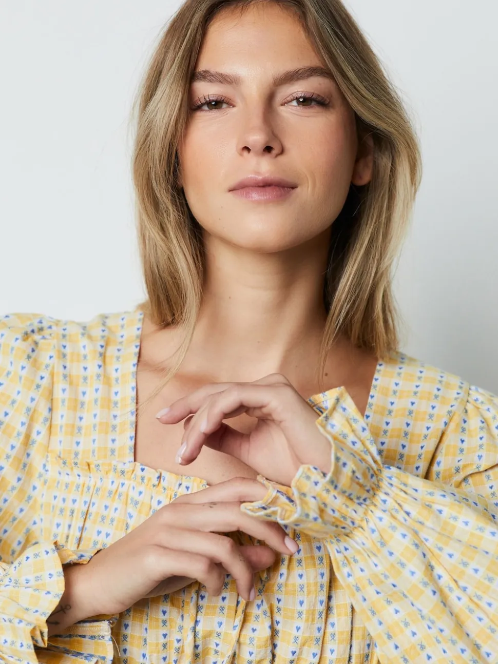 Yellow Gingham Shirred Long Sleeve Milkmaid Top