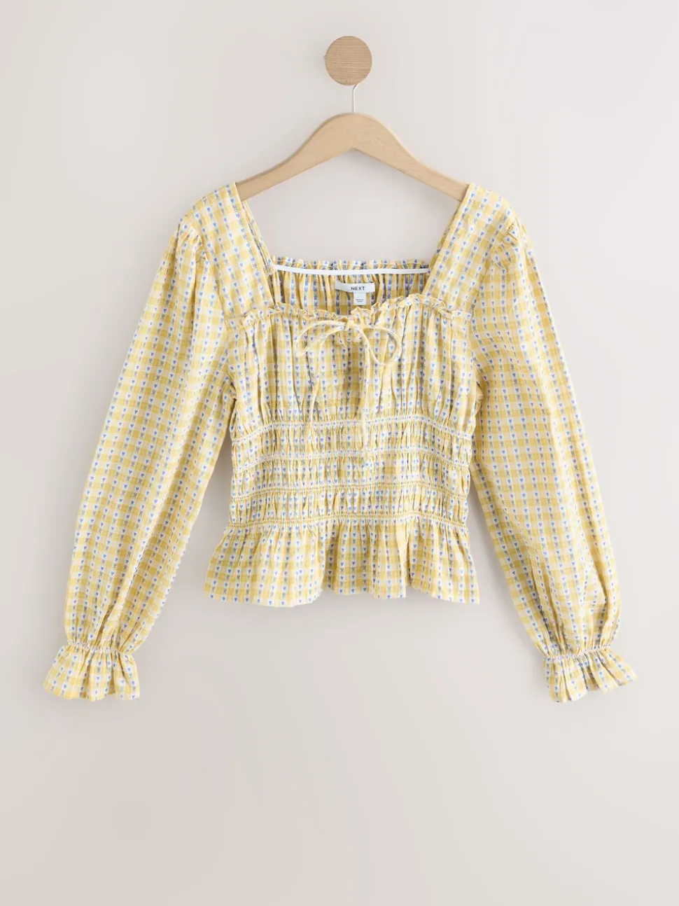 Yellow Gingham Shirred Long Sleeve Milkmaid Top
