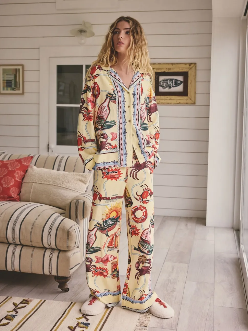 Yellow Viscose/Linen Blend Button Through Pyjamas