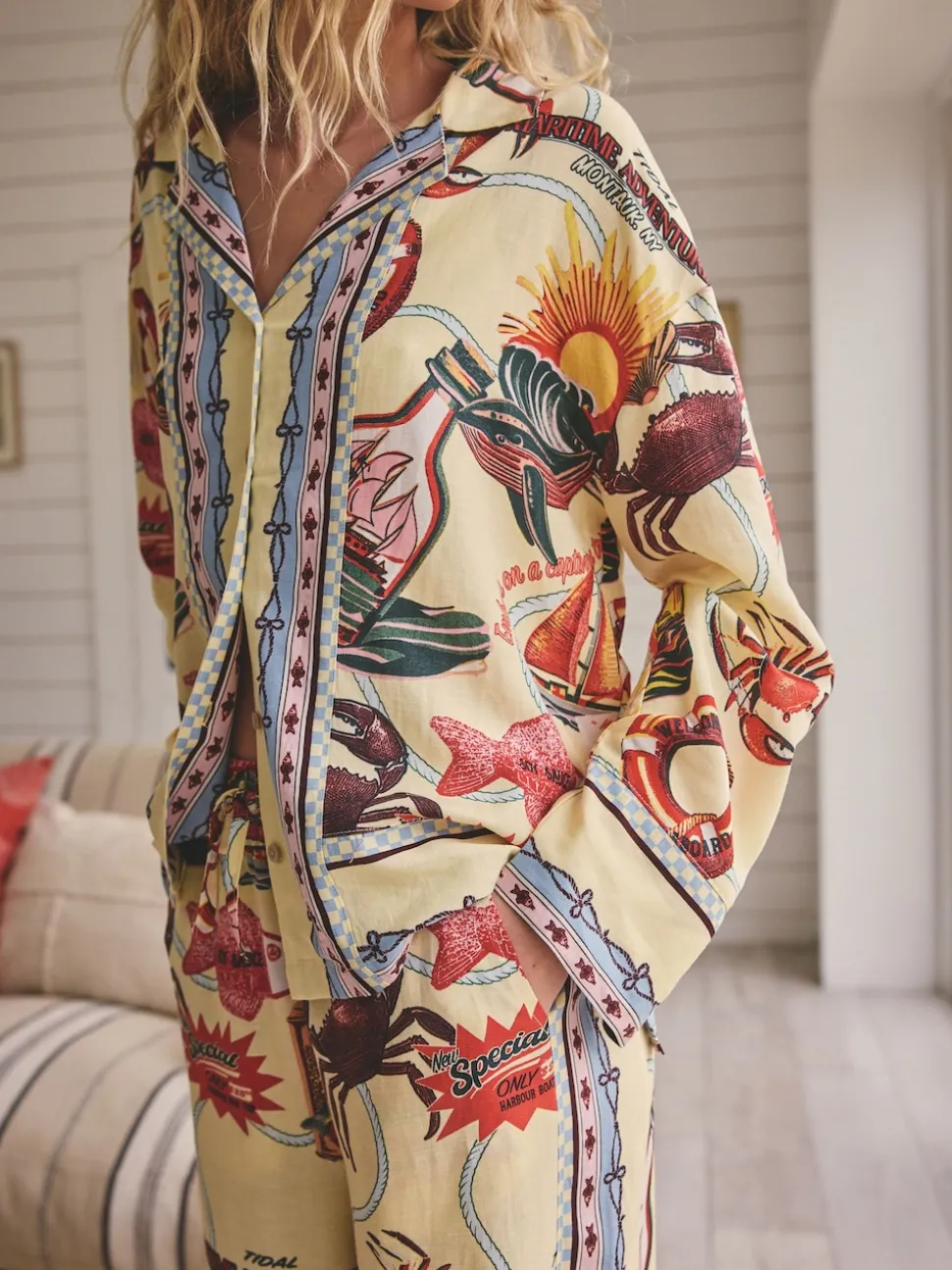 Yellow Viscose/Linen Blend Button Through Pyjamas