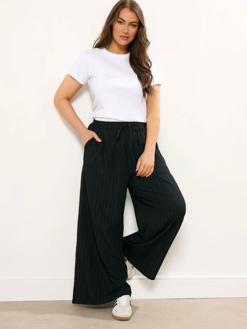 Yours Curve Black Crinkle Wide Leg Trousers