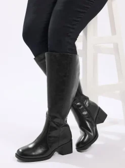 Yours Curve Black Extra-Wide Fit Square Toe Knee Block Boots