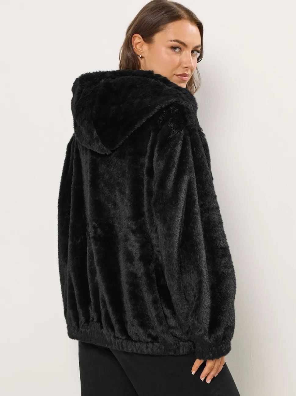 Yours Curve Black Faux Fur Zip Thru Hooded Fleece
