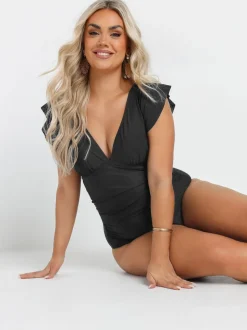 Yours Curve Black Frill Sleeve Swimsuit
