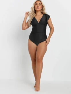 Yours Curve Black Frill Sleeve Swimsuit