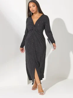 Yours Curve Black London Glitter Long Sleeve Knot Maxi Dress
