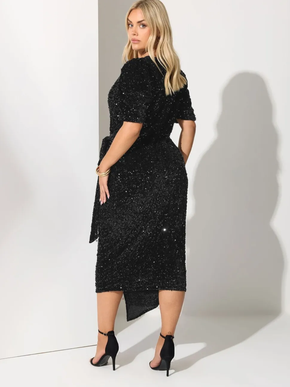 Yours Curve Black London Sequin Velvet Puff Sleeve Wrap Dress