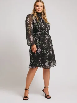 Yours Curve Black London Floral Shirred Waist Collar Dress